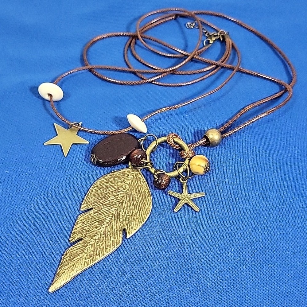 Bronze Leaf‎ Pendant Double Rope Beaded Bohemian Hippy Ethereal Charm Necklace
